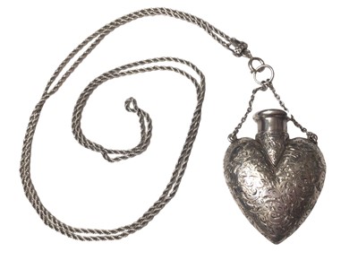 Lot 2 - Late Victorian silver heart shaped scent bottle with engraved foliate decoration by Sampson Mordan, on a long silver rope twist chain