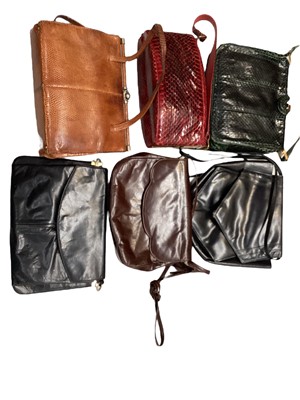 Lot 2096 - Vintage handbags including green snakeskin and red snakeskins two bags with matching purses by Fassbender, three leather bags by Charles Jourdan Paris, black bag by Cardone, lizard skin bag by Rivi...