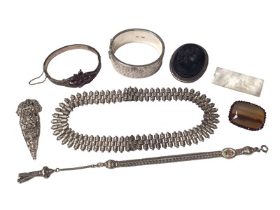 Lot 4 - Victorian white metal three row link choker style necklace, white metal fob chain, 1950s silver bangle with engraved foliate decoration, cameo brooch, garnet set bangle, agate and garent brooch, si...
