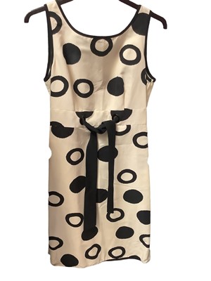 Lot 2100 - Ralph Lauren Cream and black horse bit design dress, Jaeger cream with black circles shift dress with blacktie belt, Fenn Wright Manson spotty silk dress, Massimo Dutti blue crepe evening dress, Ar...