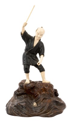 Lot 811 - Fine quality Japanese Meiji period bronze, ivory and carved hardwood okimono of a fisherman