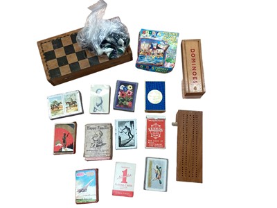 Lot 1468 - Lot of playing card sets, cribbage board, chess board and set, dominoes etc.