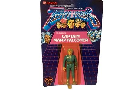 Lot 92 - Bandai (c1983) Gerry Anderson & Christopher Burrs Terrahawks action figures including Captain Mary Falconer No.0988723, Lieutenat Hawkeye No.0988724, Doctor Ninestein No.0988721, Space Sergeant 101...