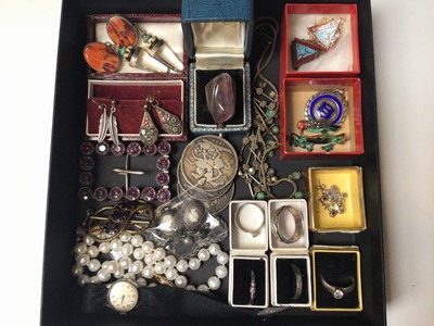 Lot 48 - Group of vintage silver jewellery, paste set buckle, pair of cameo earrings, silver and enamel fob, two 1940s enamelled Butlins pins, cultured pearl necklace and other bijouterie