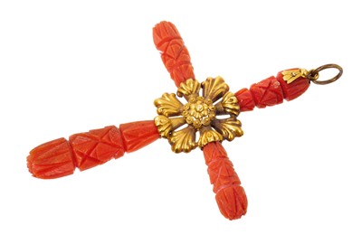 Lot 465 - Large Regency carved coral and gold mounted cross pendant