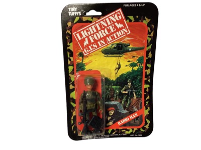 Lot 26 - Topco Tiny Tuffys (c1970's) Lightning Force G.I's in Action 3 1/2" action figures including Infantryman (x3), Commando (x2) & Radio Man, all on card with bubblepack (6)