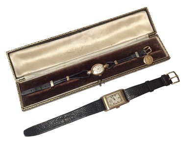 Lot 221 - 1930s gentlemen’s 9ct gold 'Derrick' wristwatch on leather strap and a 1940s ladies Longines 9ct gold wristwatch with original receipt and box