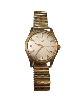 Lot 71 - 1970s Gentleman's Longines 18ct gold wristwatch with circular dial, applied gilt arrow markers in gold plated case, 34mm diameter