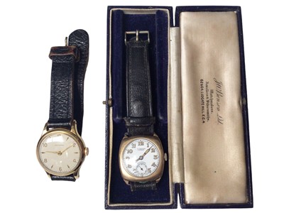 Lot 78 - 1930s 9ct gold cased W. Benson Longines wristwatch on leather strap, together with a gold plated Ingersoll wristwatch (2)