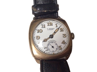 Lot 78 - 1930s 9ct gold cased W. Benson Longines wristwatch on leather strap, together with a gold plated Ingersoll wristwatch (2)