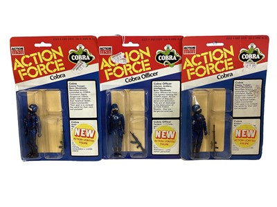 Lot 10 - Palitoy Action Man Action Force Cobra Officer, Cobra (x2) & Red Shadow (Black Glove Version) (x3), on card with blister pack (6)