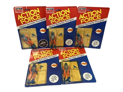 Lot 18 - Palitoy Action Man Action Force Space Force Trade Box with Space Pilot (x5) & Space Security Troopers (x5), on card with blister pack (10)
