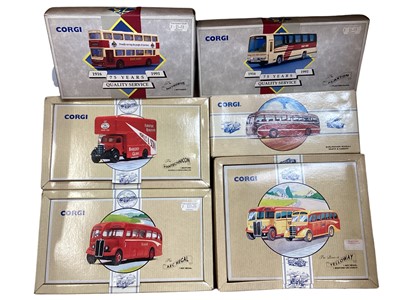 Lot 1928 - Die cast Corgi larger boxed models including fire engine, trams, coaches etc. In two boxes.