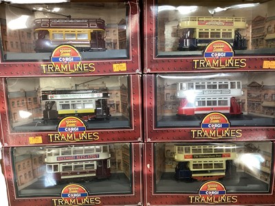 Lot 1928 - Die cast Corgi larger boxed models including fire engine, trams, coaches etc. In two boxes.