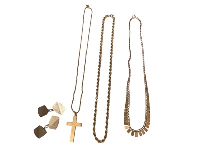 Lot 84 - Group of 9ct gold jewellery to include a pair of cufflinks, cross pendant on chain, rope twist chain and a fringe style necklace