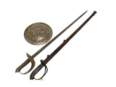 Lot 922 - Victorian 1854 Pattern Infantry officers sword with brass scabbard and British 1897 Pattern Infantry Officers sword by Henry Wilkinson No.47105 (no scabbard) and an Indian shield (3)