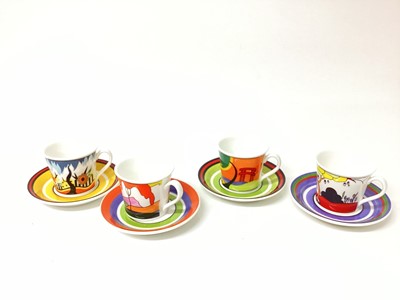 Lot 1203 - Seven Wedgwood Clarice Cliff limited edition Cafe Noir cups and saucers - Red Autumn, Tulip, Monsoon, Garden Blue, Fantasque Mountain, Windbells and Blue Lucerne, together with another saucer - Cor...