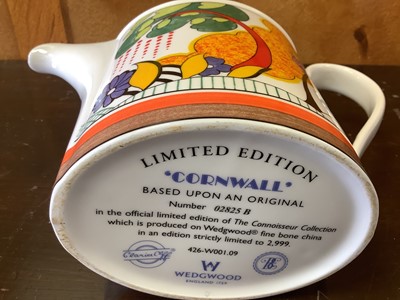 Lot 1206 - Wedgwood Clarice Cliff limited edition Cornwall teapot, together with Windbells milk jug and a Secrets sugar bowl (3)