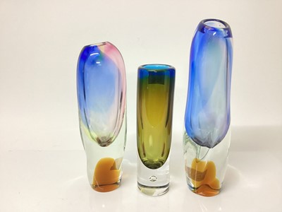Lot 1212 - Vintage Czech uranium glass vase by Jan Berane, 22cm high together with two Joseph Rozinek vases for Borske, 28.5cm and 25cm, Vicke Lindstrand Kosta Boda vase, 21cm and a similar bowl, 18cm diamete...