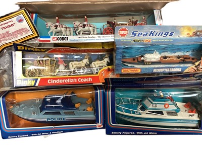 Lot 1968 - Matchbox Sea Kings Superfast Helicopter Carrier K-307 & Mega Rig, two battery operated boats, Dinky Cinderella's Coach & Corgi State Landau, plus Dapol City of Truro model kit etc (1 box)