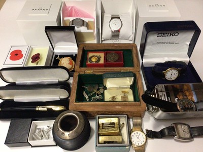 Lot 118 - Two Skagen Danish wristwatches, both boxed, other watches, cufflinks including a pair of 9ct gold, two pens in cases and a silver mounted vesta globe