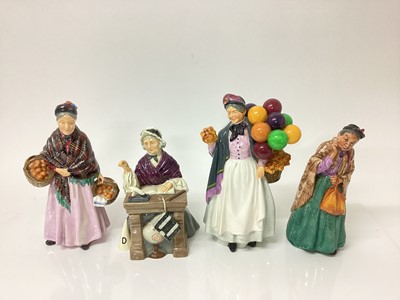 Lot 1233 - Four Royal Doulton figures - Bridget HN2070, Biddy Pennyfarthing HN1843, The Orange Lady HN1759 and Schoolmarm HN2223