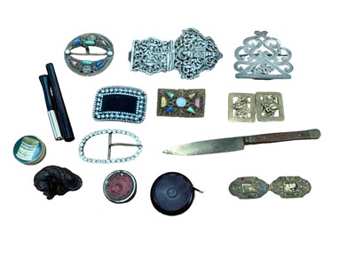 Lot 2501 - Box of objets vertu and bijouterie, including silver and paste buckles