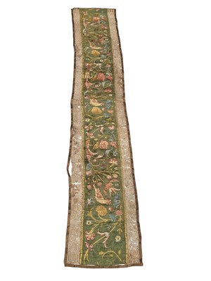 Lot 2139 - Antique possibly Italian antique silk embroidery of flowers and birds with bobbin lace edging.