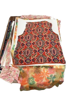 Lot 2111 - Lot of fabric swatches 1950s to 70s period, lightly mounted on card includes silk scarves. Geometric, Asian influence, psychedelic, abstract etc. Good research and design inspiration.