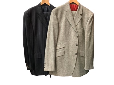 Lot 2118 - Ede & Ravencroft grey check wool suit with a spare pair of matching trousers with turn-ups  size 44 L and trousers 38 L plus a dark blue pin strip wool suit with spare pair of matching turn-up trou...