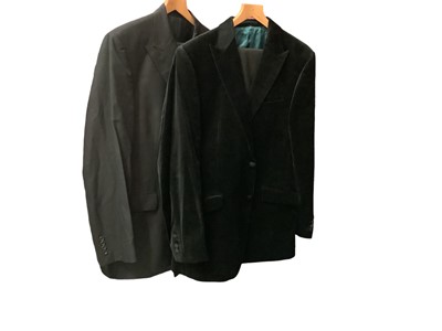 Lot 2122 - Ede & Ravencroft dark blue wool suit with spare pair of trousers, 44L and trousers 38L.  Plus black cotton velvet evening jacket 44L and two pair of black evening trousers