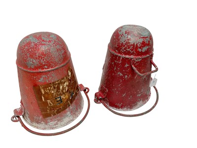 Lot 810 - Two vintage red painted galvanised metal fire buckets with swing handles.