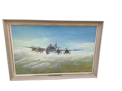 Lot 796 - Tony Carey oil on board study- 303rd Bomb Group, 8th Air Force Target Oschersleben, 11th Jan 1944, depicting B17's in flight, signed A.W. Carey and dated 1993. 67 x 42cm N.B. Tony Carey has become...