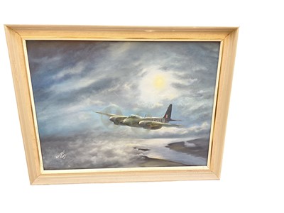 Lot 797 - Tony Carey oil on board study- Mosquito in flight, together with another depicting The Battle of Britain Memorial Flight and Battle of Britain ground crew, together with a similar print (4).  N.B....