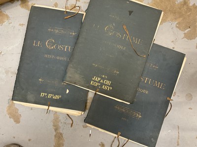 Lot 1771 - Three good French 19th century volumes containing many coloured plates, depicting costumes, weapons, furniture, throughout the world, many coloured plates