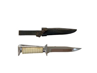 Lot 944 - German Hunting knife with polished steel blade by Ern Wald, Solingen and ribbed plastic grip, in leather sheath.