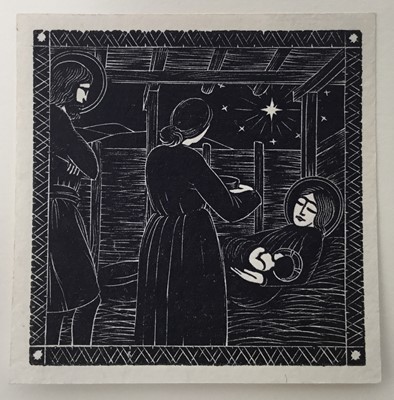 Lot 116 - Eric Gill (1882-1940) wood engraving, Nativity with Midwife, St Joseph Standing, 1913, (Skelton P14), 5.2 x 5.4cm. Provenance: Gifted by Gill to his Chaplain, Dr. Flood