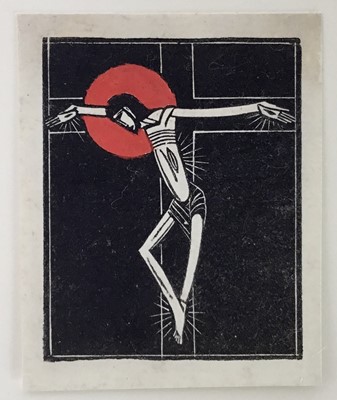 Lot 21 - Eric Gill (1882-1940) wood engraving with colour, Crucifix: En ego, 1918 (Skelton P148), 4.5cm x 3.8cm, not laid down, unframed. Provenance: Gifted by Gill to his Chaplain, Dr. Floodx 3.8cm