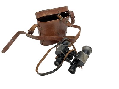 Lot 809 - Second World War era French Artillery Observation binoculars in brown leather case.