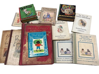 Lot 1770 - Early children's books: Buzz 1886, two Bonzo books, Curly Cobbler 1919, Wee Benjy Brown, Flower Fairies, Black Sambo, Benjamin Bunny, Johnny Twon Mouse, Fuzzypeg the Hedgehog x 2, Lob Lie By The Fi...