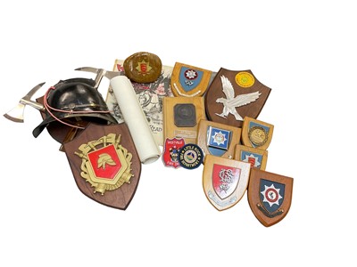 Lot 827 - Collection of Fire Brigade plaques and crests including one constructed from half a fire helmet (1 box).