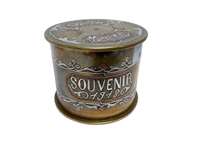 Lot 884 - First World War Trench Art tobacco jar with Middle Eastern style inlaid silvered decoration, named 'Dedamas 1918' (Turkish Campaign).