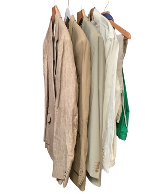 Lot 2128 - Summer weight men's clothing including Hackett linen jacket 44L, Roderick Charles cream linen suit 44 L, cream suit by Zara and linen jacket by Zara plus four pairs of Polo trousers green and cream...