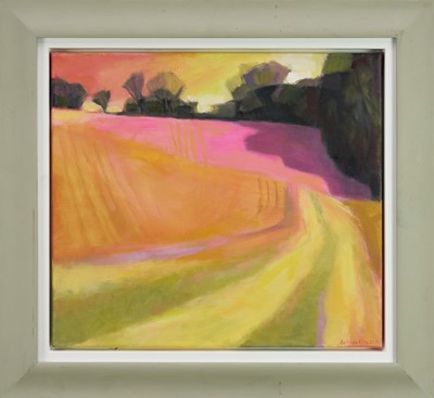 Lot 1031 - Belinda King (Contemporary) oil on canvas - Assington Field Edge, signed and dated 2010, label verso, 45cm x 50cm, framed