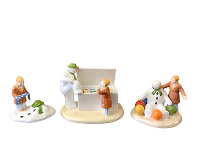 Lot 1280 - Six Coalport Characters limited edition The Snowman items - Walking In The Air Snow Globe, Having A Party, Time To Cool Down, Soft Landing and The Story Ends, all boxed, some with certificates