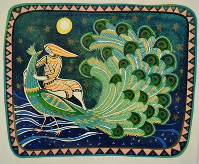 Lot 1033 - Belinda King (Contemporary) linocut - A Dream of Anthony and Louisa, signed, titled and numbered 6/18, 38cm x 47cm, 1998 Gainsborough's House exhibition label verso, in glazed frame