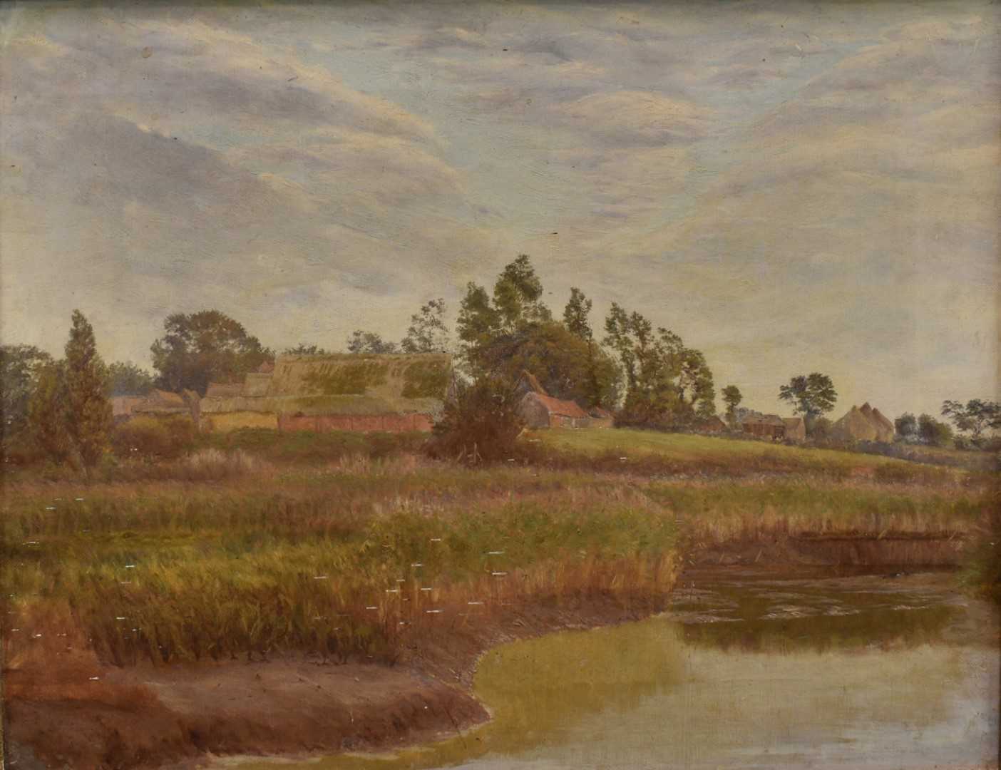 Lot 1085 - George Thomas Rope (1845-1929) oil on canvas - Barns across Watermeadows, 35cm x 45cm, gallery label verso, in gilt frame