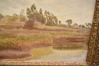 Lot 1085 - George Thomas Rope (1845-1929) oil on canvas - Barns across Watermeadows, 35cm x 45cm, gallery label verso, in gilt frame
