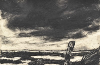 Lot 1039 - Gil Mutch (b.1955) charcoal on paper - Breydon Marsh II, signed with initials and dated '88 lower left, 35cm x 55cm, label verso, in glazed frame