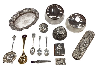 Lot 271 - Group of silver items to include silver mounted glass inkwell, silver mounted glass powder jar and hair tidy